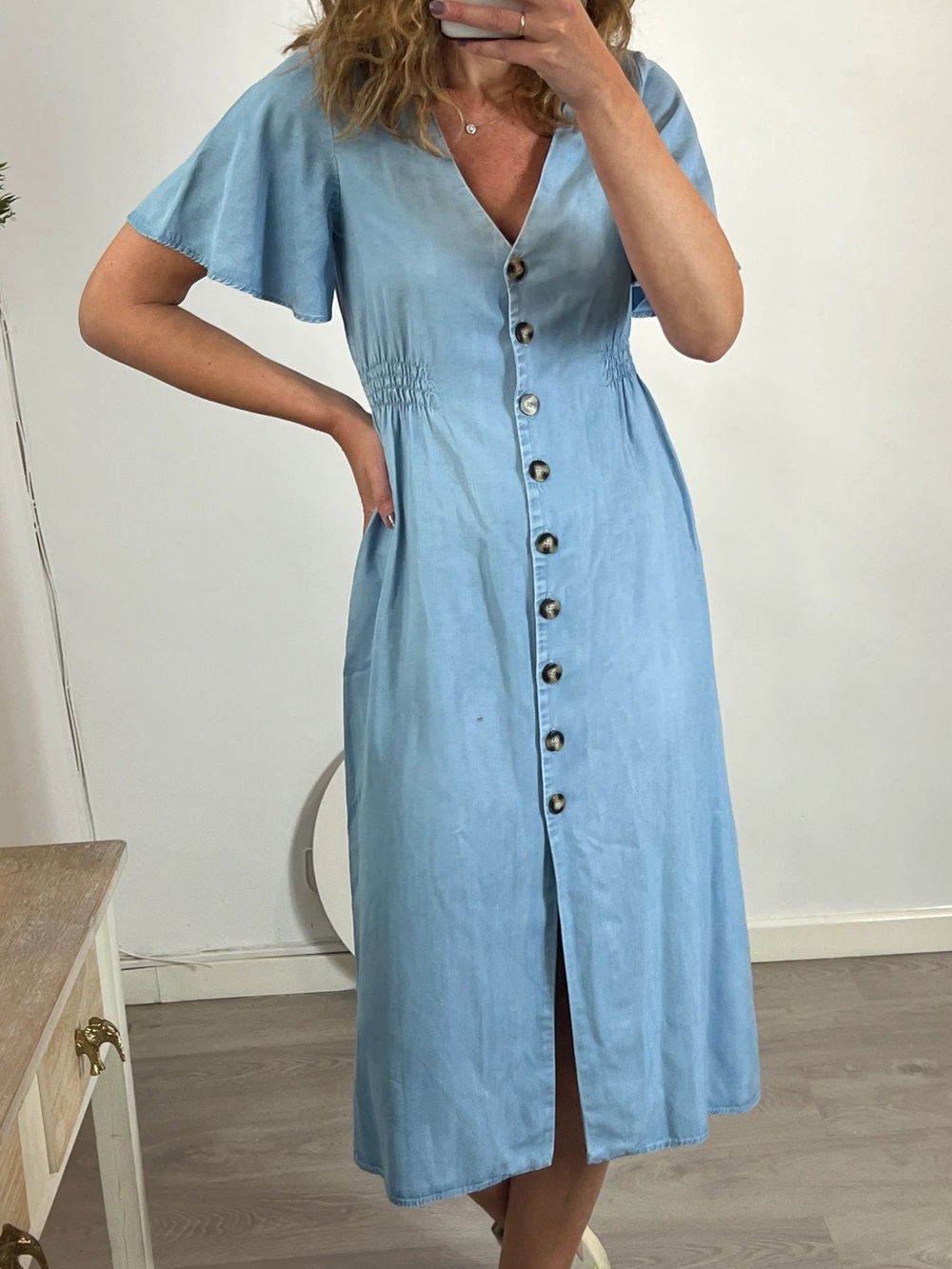 Zara Baby Blue Button-Front Midi Dress
